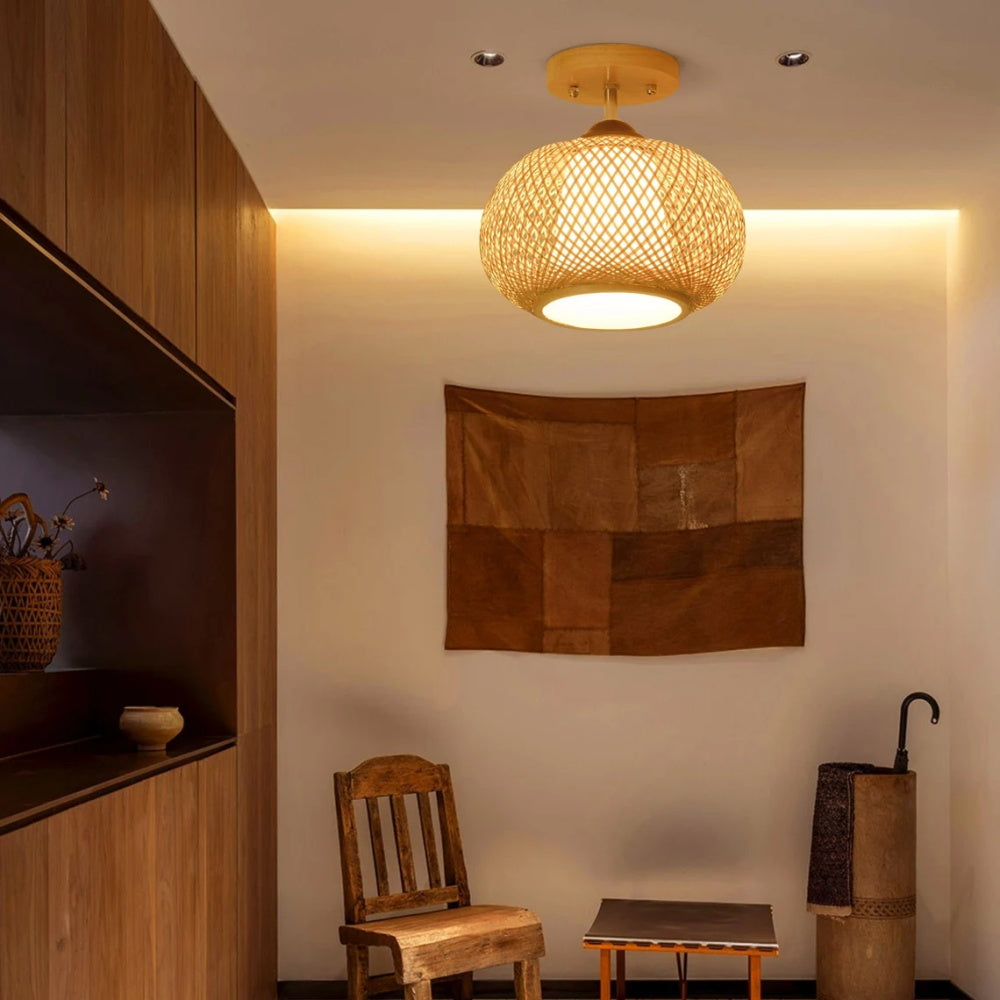 Demolights Traditional Bamboo Wide Lantern Semi Flush Mount