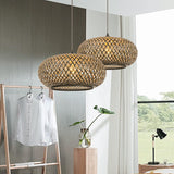 Load image into Gallery viewer, Boho Hanging Lamp with Bamboo Lampshade