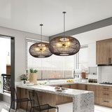 Load image into Gallery viewer, 3-Lights Black Oval Rattan Pendant Light